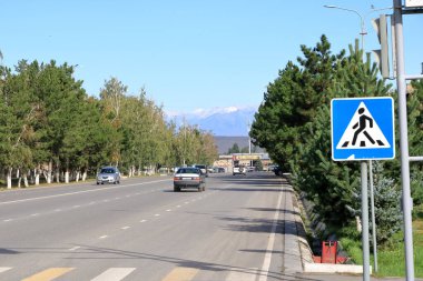 29 Ağustos 2023 - Kırgızistan 'da Karakol: Küçük şehirde arabaları ve dükkanları olan cadde üzerindeki manzaraya bakın