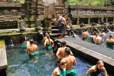 Tampak Siring, Tampaksiring, Bali in Indonesia - January 31 2024: people take a bath in the Tirta Empul temple (Holy Spring Water Temple) clipart