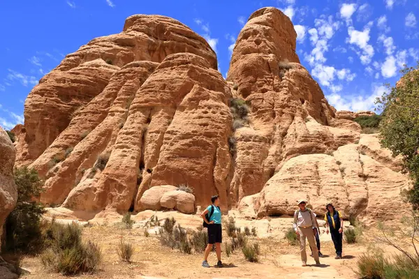 Ürdün 'deki Dana Biyosfer Doğa Koruma Alanı - 12 Mayıs 2024: İnsanlar çöl kayalıklarında yürüyüş yapıyor