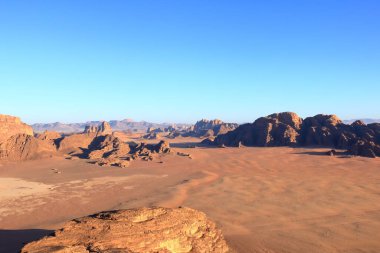 Ürdün 'deki ünlü Wadi Rum çölünün hava manzarası, sıcak hava balonundan.