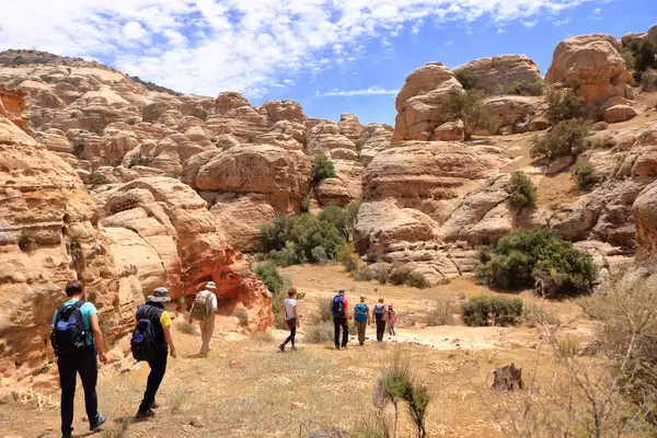 Ürdün 'deki Dana Biyosfer Doğa Koruma Alanı - 12 Mayıs 2024: İnsanlar çöl kayalıklarında yürüyüş yapıyor