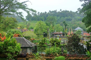 Bali, Endonezya - Şubat 05 2024: İnsanlar yağmurlu bir günde Doğu Bali 'deki Tirta Gangga Su Sarayı' nın tadını çıkarıyor