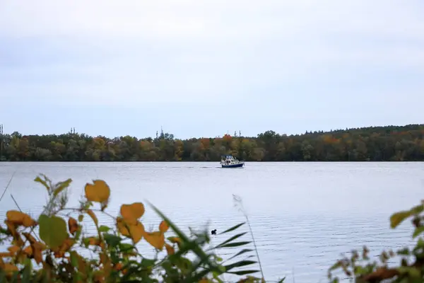 stock image Havel river with boat near Potsdam in autumn, Germany