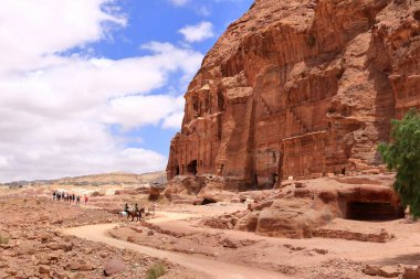 Petra, Ürdün 'den Wadi Musa - 13 Mayıs 2024: Antik kentin bölgesinde atlar üzerinde turizm polisi