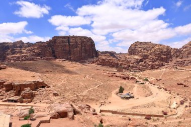 Petra, Wadi Musa in Jordan - May 13 2024: people visiting Petra, Panoramic aerial view clipart