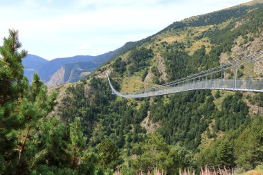 Canillo, Andorra, Avrupa - 29 Ağustos 2024: Avrupa 'nın en uzun Tibet köprüsü üzerinde yürüyen insanlar