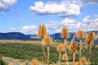 the Landscape of Millau, France. Mountains and blue sky with white clouds, Gorges du Tarn clipart