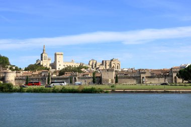 Avignon, Fransa - 25 Ağustos 2024: Rhone Nehri 'nden eski şehre ve Papa Sarayı' na, Palais des papes