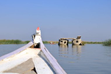 Chibayish, Chabaish, Nasiriya in Iraq - November 11 2024: people on a boat trip in the marshlands of iraq clipart