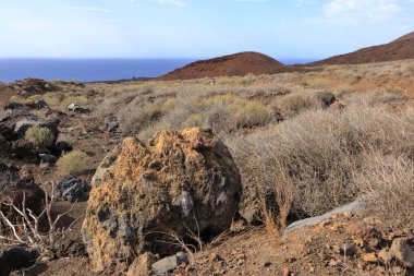Sersemletici volkanik manzara, engebeli lav kayaları ve El Hierro, Kanarya Adaları, İspanya 'daki yeşil bitki örtüleri.