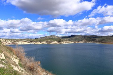 Vadomojon mumyalaması, yamaçlarında zeytin koruluğu olan bataklık suyu gölü. Albendin 'deki Vadomojon rezervuarı - İspanya' daki Cordoba