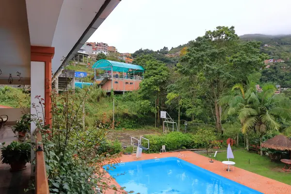 Bolivya 'da bir turizm beldesi çevresindeki yeşil ağaçlar