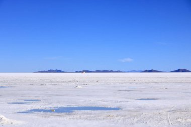 Uyuni, Bolivya - 27 Mayıs 2025: Uyuni tuzundan düzenli bir otobüs geçiyor