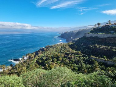 Tenerife 'deki Puerto de la Cruz' un batı kıyısı boyunca çarpıcı bir panoramik manzara. Çiftliklerin yemyeşil yeşili, derin mavi okyanusla çok güzel zıtlaşıyor.