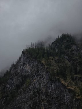 Berchtesgaden Ulusal Parkı, Bavyera, Almanya 'da dramatik ve kasvetli bir dağ manzarası yaratan kalın sis kaplı Obersee' nin üzerinde gizemli siyah kayalıklar yükseliyor..