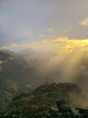 Pico do Arieiro 'da bulutların arasından süzülen sıcak altın güneş ışığı, Madeira' nın dağ tepelerini usulca aydınlatıyor. Sakin ve rahat bir gündoğumu sahnesinde..