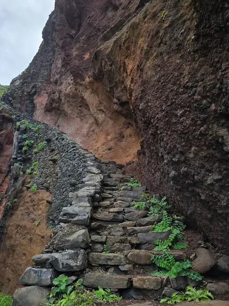 Kırmızı volkanik kayalıklara oyulmuş antik taş basamaklar Madeira 'nın Achadas da Cruz yakınlarındaki uzak Faj da Quebrada Nova köyüne çıkıyor. Atlantik üzerinde engebeli bir patika.