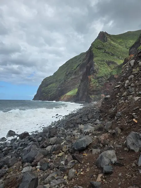 Achadas da Cruz, Madeira, Portekiz yakınlarındaki uzak Atlantik kıyısında. Rocky plajı, yüksek yeşil kayalıklarla ve volkanik katmanlarla çarpıcı, evcilleştirilmemiş kıyı manzarasıyla karşılaşıyor..