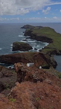 Martılar Ponta de So Loureno, Madeira 'nın kayalık kayalıklarında dinlenir. Engebeli kıyı şeritleri, okyanus dalgaları ve bulutlu gökyüzü altındaki vahşi güzellik ham cazibeyi ön plana çıkarıyor..