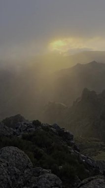 Pico do Arieiro 'da bulutların üzerinde, güneş ışığı yeşil yamaçlara ve keskin tepelere yayılır. Sıcaklık ve doğal ihtişam dolu sakin, aydınlık bir sabah sahnesi.