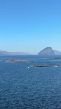 Somon balığı çiftlikleri Suuroy, Faroe Adaları yakınlarındaki berrak sularda, parlak bir yaz gününde arka planda Ltla Dmun adası bulunur..