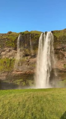 İzlanda 'nın güneyindeki Seljalandsfoss şelalesi yosunlu kayalıklardan yemyeşil bir alana düşüyor. Açık gökyüzü ve ışık bile bu sahneyi sakin, dengeli ve ikonik yapar..