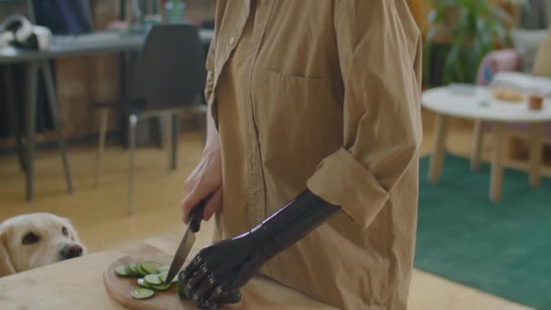 Salata Için Taze Salatalık Kesen Protez Kollu Bir Kız Arada — Stok video