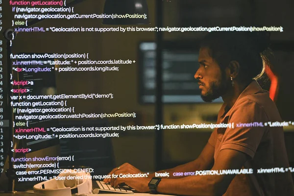 Programador Sério Trabalhando Com Códigos Segurança Computador Sentado Seu Local — Fotografia de Stock