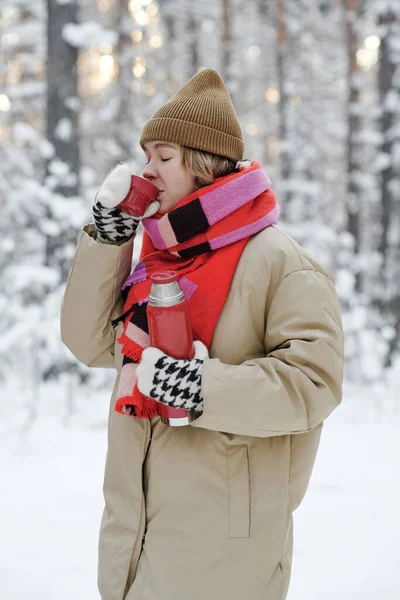 Mujer Joven Bebiendo Del Termo Durante Picnic Bosque Invierno — Foto de Stock