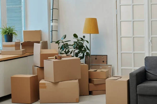 Horizontal Image Modern Room Packed Cardboard Boxes Preparing Moving — Stock Photo, Image