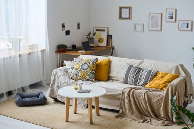 Rahat kanepesi, sehpası ve evcil hayvan yastığı olan evcil odanın yatay görüntüsü.