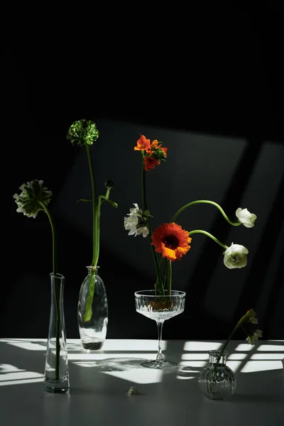 Vertical Modern Still Life Composition Various Fresh Flowers Transparent Glass — Stock Photo, Image