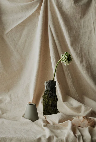Dikey Çağdaş Çiçek Dalı Küçük Seramik Vazo Keten Kumaş Örtüsüne — Stok fotoğraf