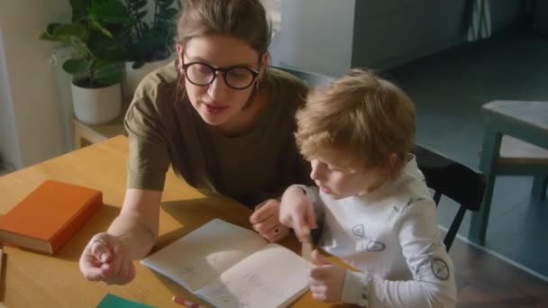 Genç Bir Anne Küçük Bir Çocuğun Ödevlerini Okurken Evde Çalışırken — Stok video