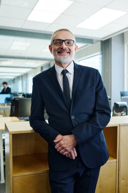 Ofiste beklerken kameraya gülümseyen gözlüklü başarılı yöneticinin portresi.