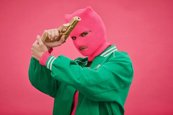 Portrait Bandit Woman Pink Balaclava Crossed Her Arms Gun Front — Stock Photo, Image