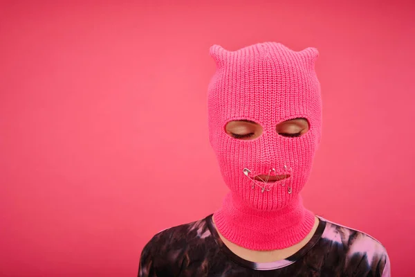 Portrait Yung Girl Pink Balaclava Closed Mouth Eyes Having Rights — Stock Photo, Image