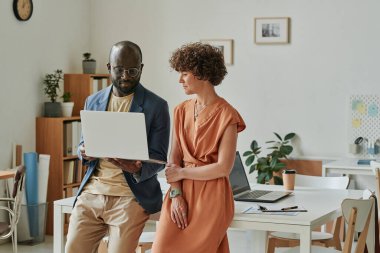 Ofisteki dizüstü bilgisayarda online sunum üzerinde çalışan çok ırklı iki meslektaş