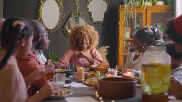 Cheerful African American Woman Chatting Family Members Home Dinner Party — Stock Video