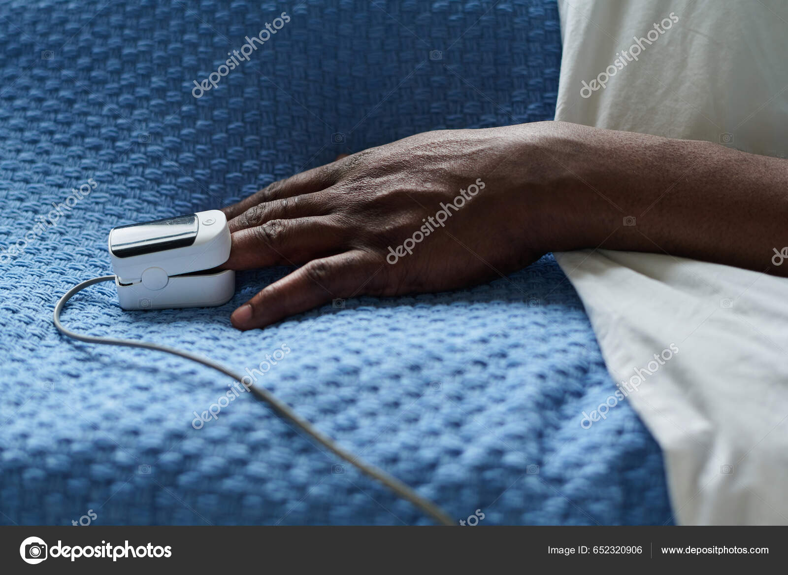 Close African American Man Pulse Oximeter Lying Hospital Stock Photo by