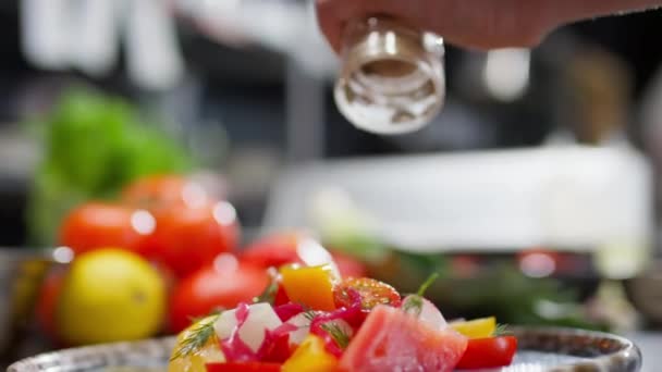 皿の上で提供される新鮮な野菜サラダにスパイスを追加しながら コショウミルを使用してシェフの手のショットを閉じます — ストック動画