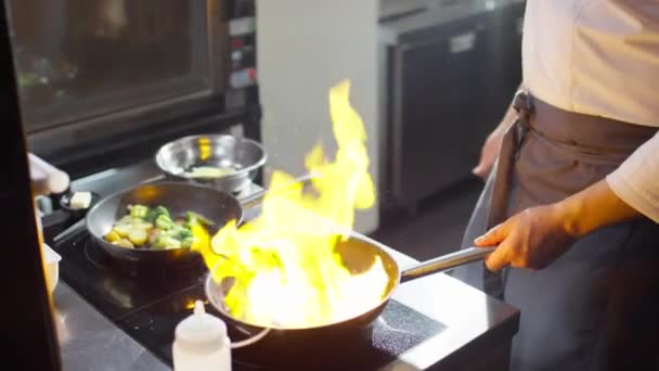 レストランのキッチンで軽く炎魚とフライパンで火を作るシェフの作物のショット — ストック動画
