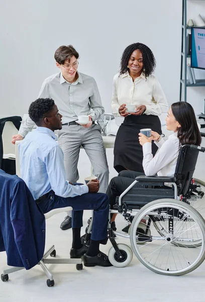Group Young Business People Drinking Coffee Talking Colleague Disability Coffee — Stock Photo, Image