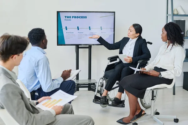Asian businesswoman with disability sitting on wheelchair pointing at screen with business strategy and presenting it to her colleagues