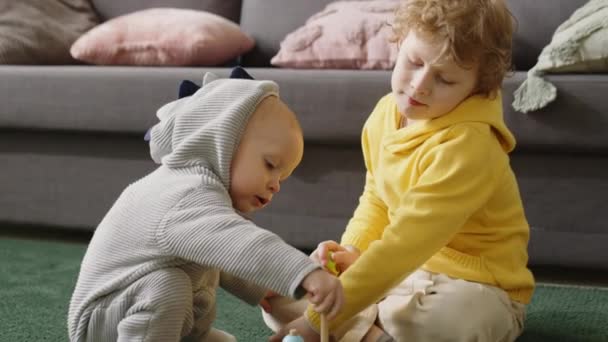 可愛いです赤ちゃん男の子で恐竜の衣装遊びスタッキングおもちゃと一緒に彼の兄で床の上にリビングルーム — ストック動画