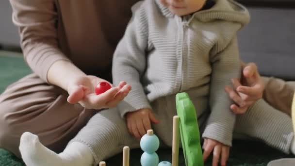 Tilt Shot Baby Boy Sitting Knees Mother While Playing Development — Stock Video