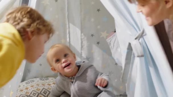 Adorable Baby Boy Sitting Teepee Tent Looking Mother While Cheerful — Stock Video