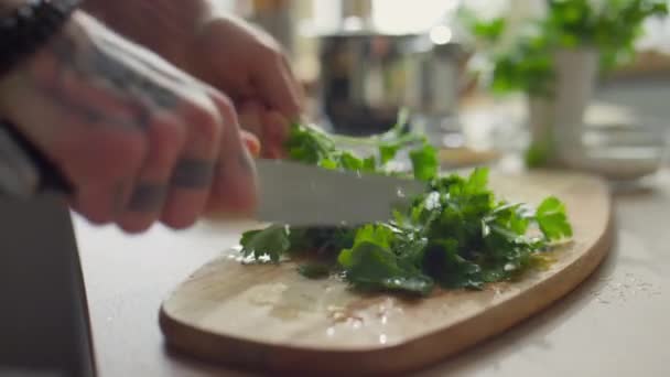 Nahaufnahme Der Hände Des Küchenchefs Der Petersilienblätter Mit Einem Messer — Stockvideo
