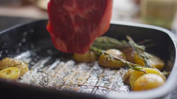 Tembakan Dekat Tangan Koki Menempatkan Daging Mentah Steak Panci Panggangan — Stok Video