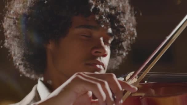 Brustbild Eines Jungen Afroamerikanischen Musikers Der Mit Geschlossenen Augen Geige — Stockvideo